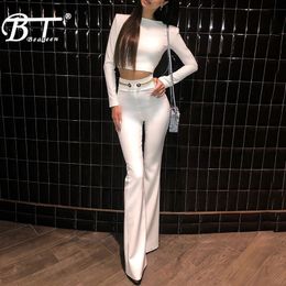 Beateen 2018 New Fashion Bandage Sets White Long Sleeve Crop Top Flare Leg Pant Suits With Gold Buttons Chains Belt Details