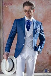 2019 New Style Blue Men Wedding Tuxedos Notch Lapel Two Button Groom Tuxedos Fashion Men Dinner/Darty 3 Piece Suit(Jacket+Pants+Tie+Vest) 36