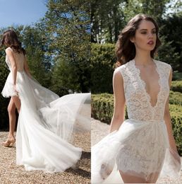 Sexy Hi Low Illusion Lace Wedding Dresses Cheap Bohemian Plugging Berta Bridal Designer tulle Train robe de mariée Vintage Country Corset