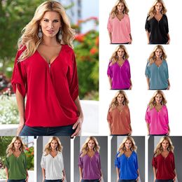 Womens Casual Chiffon Shirt Zipper V Neck 3/4 Sleeve Blouse Tops Cuffed Sleeves Solid Chiffon Blouse Top 14 Colour Size(S-5XL)