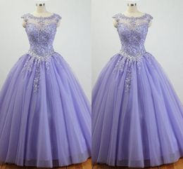 Lilac Sheer Neckline Prom Dresses Ball Gowns Cap Sleeve Floral Applique Crystal Beaded Graduation Dresses 8th Grade Quinceanera Sweet 16