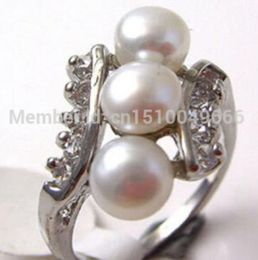 FREE SHIP >>>>>White Pearl 3 Beads Silver Crystal Ring Size: 6.7.8.9