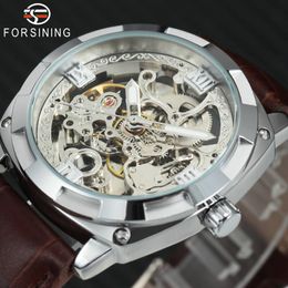 2018 FORSINING Top Auto Mechanical Watch Men Leather Strap Skeleton Tonneau Dial Classic Vintage Wrist Watches