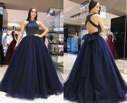 Sexy Navy Blue Evening Dress 2018 Halter Ball Gown Tulle Pearls Beaded Sequins Floor Length Cheap Red Carpet Club Formal Gowns For Girls