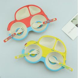 Baby Tableware Bamboo Fibre Infant Feeding Plate Dinnerware Set With Fork Spoon Cute Car Shape Bowl Dishes Food Container
