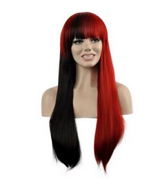 Free shipping++++ Long Straight Half Black Half Red Neat Bangs Synthetic Wig Anime Cosplay