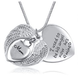 Wholesale necklace pendant stainless steel angel wings heart-shaped MOM engraved with perfume bottle urn to bury funeral ashes jewelry.