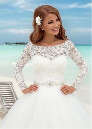 Romantic Lace Ball Gown Wedding Dresses Off the Shoulder Long Sleeves Sweep Train bridal Gowns Pleats Tulle Wedding Gowns Plus Size Cheap