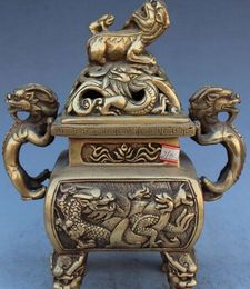 9" Marked Chinese Bronze Dragon Lion Beast Head Incense burner Censer Incensory