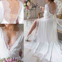 Elegant Summer Wedding Dresses Lace And Chiffon v Neck Long Sleeves Bridal Gowns Sheer Back Front Split Beach Wedding Dress Cheap Vestidos