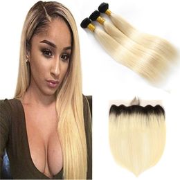 Brazilian Blonde Ombre Hair With Lace Frontal Closure 13x4 Straight 1B 613 Two Tone Coloured Brazilian Human Hair 3 Bundles With Frontals