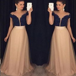 Gorgeous Two Tone Prom Dresses Sheer Jewel Neck Plunging Capped Shoulder Dark Navy Lace Champagne Tulle Floor Length Evening Gowns Custom