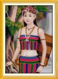 Cambodian girl flowers home decor paintings , Handmade Cross Stitch Embroidery Needlework sets counted print on canvas DMC 14CT /11CT