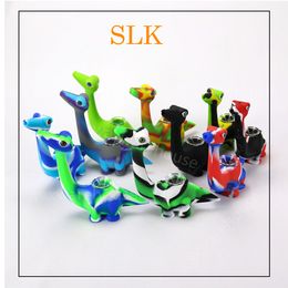High Quality Silicone hand pipe with 1.44mm glass bowl mini protable glass pipe FDA water bongs dab rig dinosaur shape Silicone pipes