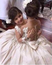 Ivory Lace Ball Gown Flower Girl Dresses for Wedding Party Toddler Girls Pageant Dresses Kids Communion Prom Gowns Long Sleeves Sheer Back
