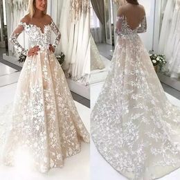 Vintage Light Champagne A Line Wedding Dresses 2019 Sheer Long Sleeves Bateau Neckline Appliqued Long Sweep Train Wedding Bridal Gowns