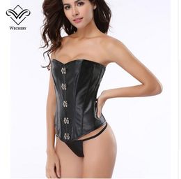 Wechery Leather Corset Sexy Waist Trainer Steel Boned Waist Korset Vintage Metal Buckle Corzzet Black Plus Size Lace Up Bustiers