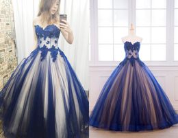 Unique Lace Designer Quinceanera Prom Dresses Cheap Long Royal Blue Tulle Champagne Satin Inner Pleated Applique Vestidos 15 anos