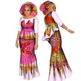 BRW African Dashiki Crop Top и юбка набор Африканская одежда для женщин Хлопок RUCHED Двух частей юбка набор бесплатный головной шарф WY1437