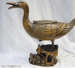 10" China pure brass Buddhism luck duck censer incense burner Sculpture statue