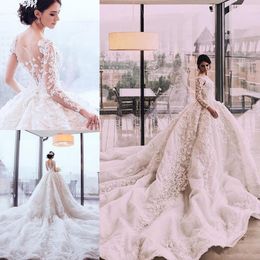 luxury pearls beaded lace ball gown wedding dresses arabia princess royal cathedral train long sleeves bridal gown