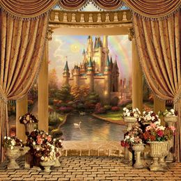 Fairy Tale Rainbow Princess Castle Backdrop Photography Curtain Pillars Flowers Garden Pavilion Stage Photo Booth Backgrounds Brick Floor