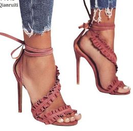 Rome Style Lace-Up High Heels Sandals Red Green Faux Suede Stiletto Heels Women Shoes Open Toe Ankle Starp Women Pumps