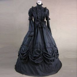 Newest Black Women Long Sleeve Gothic Victorian Period Party Princess Dress Retro Cotton European Court Ball Gowns Costume For Halloween