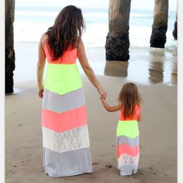 Mommy And Me Family Matching Clothes Mother And Daughter Dresses Family Look Kids Parent Children Lace Patchwork Stripe Dresses Outfits