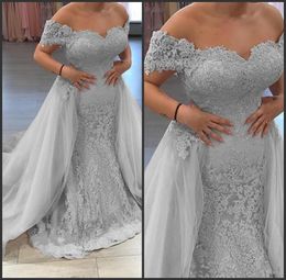 Elegant Silver Lace Appliqued Evening Dresses Soft Tulle Off Shoulder Mermaid Evening Gowns Detachable Skirt Prom Party Gown