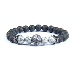 New Gun Black Men Jewellery Micro Pave Crown Spartan Skull Bracelets With 8mm Natural Lava Rock Stone Beads