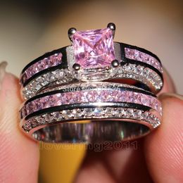 choucong Princess cut Pink stone 5A Zircon stone 10KT White Gold Filled engagement Wedding Band Ring Set Sz 5-11 Gift