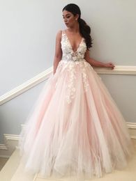 Sexy See Through Lace Appliques Pale Pink A line Long Custom Evening Prom Dresses Sexy Backless Prom Gowns Formal Dress For Party Wear