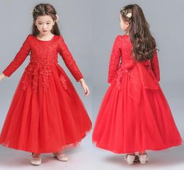 High Quality White Princess Dresses Girls Red Lace Gowns Wedding Flower Girl Skirt A Long Sleeved Dresses For The Ball HY084