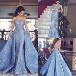 Aljasmi Arabic Yousef Mermaid Prom Dresses with Detachable Train Sheer Long Sleeve Evening Wear Lace Appliqued Formal Party Dress