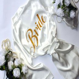 Fashion Robe Bride With Shine Gold Letter Kimono Satin Soft Bride Robe Sexy Wedding Party Dresses Women Nightgown Lady Yukata