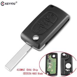 KEYYOU 3 Buttons Car Keyless Entry Case Flip Folding Remote Key 433MHz with ID46 Chip HU83 Blade for Peugeot 207 307 308 407 607