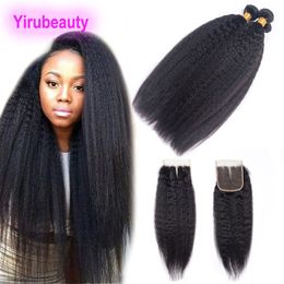 Brazilian Virgin Hair Yaki Straight Bundles With 4x4 Lace Closure coarse Yaki Straight 4Pieces/lot Hair Extensions Wefts With Closure