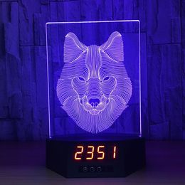 Wolf Clock 3D Illusion Night Lights LED 7 Colour Change Desk Lamp Home Decor #R42