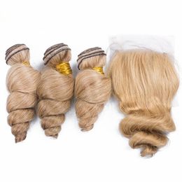 #27 Honey Blonde Brazilian Human Hair Weave Bundles with Closure Loose Wave Light Brown Virgin Hair 3Bundles with 4x4 Lace Front Closure