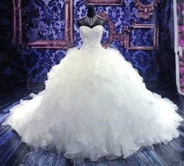 2018 Luxury Beaded Embroidery Bridal Gowns Princess Gown Sweetheart Corset Organza Ruffles Cathedral Ball Gown Wedding Dresses Cheap