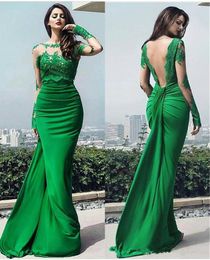 Elegant Green Mermaid Evening Dresses Sexy Backless Scoop Illusion Long Sleeves Dubai Prom Dress Formal Party Gowns