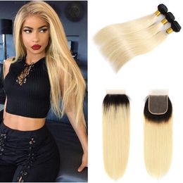 16 inch closure UK - Ombre T1B 613# Straight Colored Remy Hair Bundles with Closure Brazilian Honey Blonde Human Hair Weave with 4x4 Lace Closure