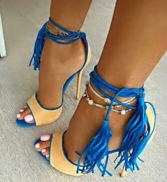 2018 Patchwork Faux Suede High Heels Gladiator Sandals Lace-Up Fringe Stiletto Heels Women Shoes Ankle Strap Women Pumps