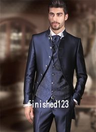 High Quality More Button Navy Blue Groom Tuxedos Stand Collar Groomsmen Best Man Mens Wedding Suits (Jacket+Pants+Vest+Tie) D:154