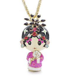 Enamel Beijing Peking Opera Ethnic Doll Necklace Chinese Wind Crystal Long Necklaces Pendants For Women Gift