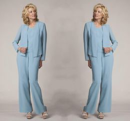 Light Blue Mother Of The Bride Pant Suits Elegant Formal Evening Dresses Plus Size Simple Dresses DH4028