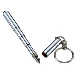 Keyring Telescoping Portable Thick Mini Retractable Pen Stainless Steel Metal Ballpoint Pen Note Keychain Blue Water