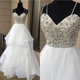 Elegant White Prom Dresses With Spaghetti Stras Pearls Crystal A line Ruffles Organza Long Cheap Runway Evening Formal Dress