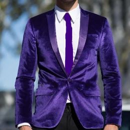 High Quality One Button Purple Velvet Wedding Groom Tuxedos Peak Lapel Groomsmen Mens Dinner Blazer Suits (Jacket+Pants+Tie) NO:1766